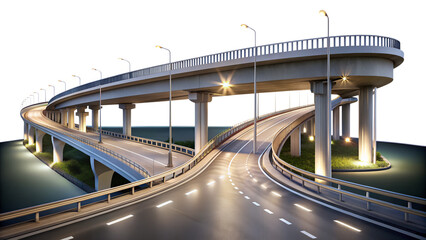A modern concrete overpass bridge with streetlights and asphalt road curves, showcasing its architectural design and urban infrastructure isolated on transparent background