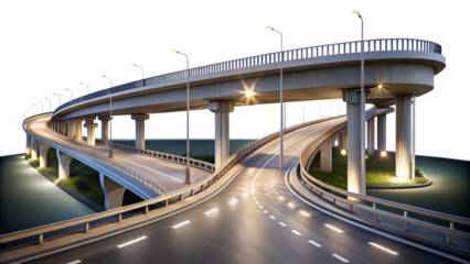 A modern concrete overpass bridge with streetlights and asphalt road curves, showcasing its architectural design and urban infrastructure isolated on transparent background