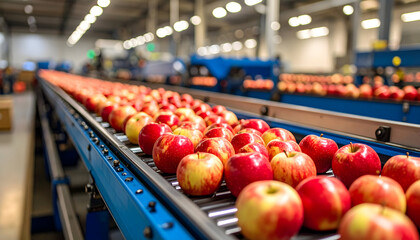 Red Apples on Conveyer Belt in a Modern Food Processing Factory