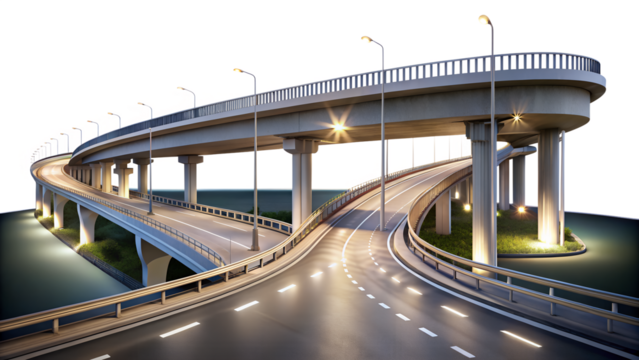 A modern concrete overpass bridge with streetlights and asphalt road curves, showcasing its architectural design and urban infrastructure isolated on transparent background