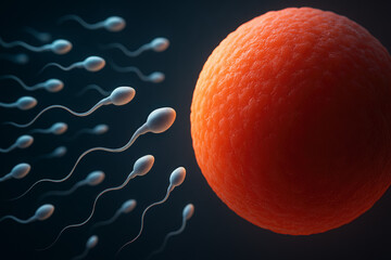 Sperm going for the egg. Sperms on the way to egg cell. Male reproductive sperm entering the egg. Sperm pass through the cervical canal and uterine cavity into the fallopian tube.	
