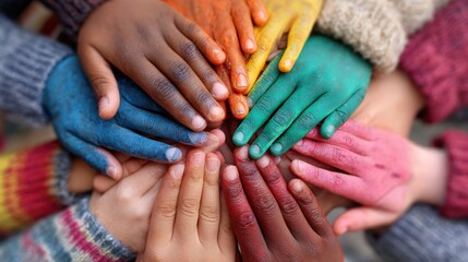 United in Color: A captivating image depicting the harmony of diversity, as children of varied backgrounds unite, their hands adorned with vibrant colors, symbolizing unity and equality.