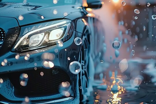 Luxury car being washed at dusk with soap bubbles reflecting city lights, creating a luxurious and clean atmosphere - Powered by Adobe