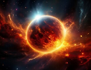 Fototapeta premium abstract burning star or planet in fiery nebula planet star nebula abstract burning space universe