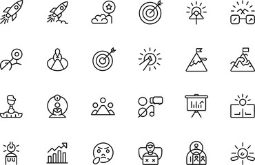 Collection of Line Art Style Business Icons, Set of 20 Black Icons on Transparent Background
