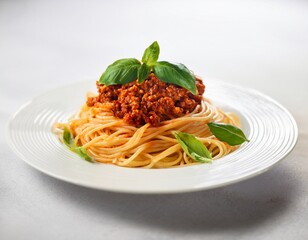 delicious plate of spaghetti with rich meat sauce garnished with fresh basil leaves served on white dish