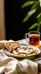 A cozy breakfast setup includes a cheesy omelette, crispy toast, and a cup of coffee, perfectly capturing a relaxed morning ambiance with gentle sunlight filtering in