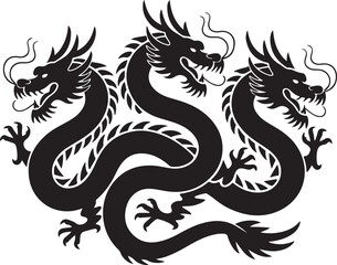 Black three headed dragon with claws and scales white mythical