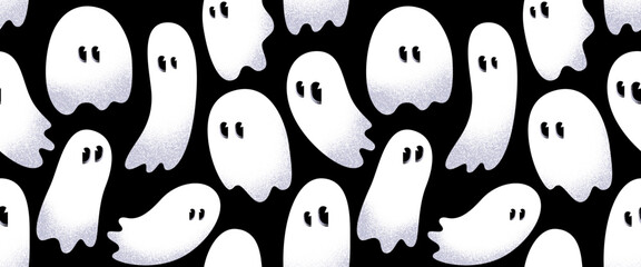 Seamless pattern with white cartoon Halloween ghosts. Minimalist hand drawn modern playful spirit silhouettes with grainy halftone texture. Vector texture for wallpaper, background, print, fabric. 