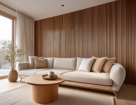 minimalist living room featuring a neutral sofa round wooden side table with a small vase and a wooden slatted accent wall creating a clean and serene space with natural light