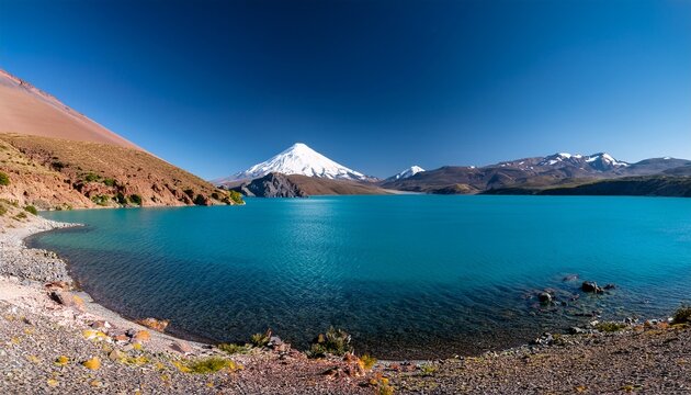 turquoise waters of lake caviahue under rocky landscape and snowcapped copahue volcano caviahue neuquen argentina