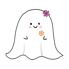 Halloween spooky ghost clipart.Hand drawn little cute monster with pink flower and lollipop.Adorable halloween icon.