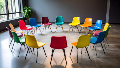 Colorful Chairs Arranged in a Circle in a Modern Room