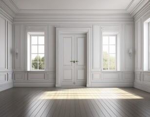 vintage white room with door and window in new home 3d rendering