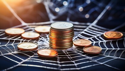 close up of bitcoin coins in a spider web design concept