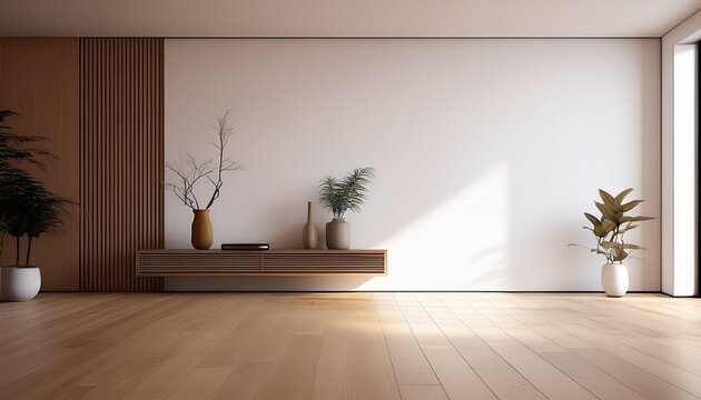 modern mid century and minimalist interior of living room empty room white wall and wood floor 3d render