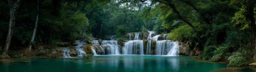 Fototapeta premium Serene waterfall adventure lush forest hdr 360 degrees panoramic view tranquil environment