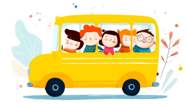 A yellow school bus with children on it. The children are smiling and looking out the window. The bus is on a road and there are trees in the background