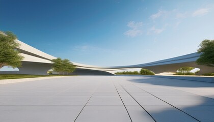 empty concrete floor in city park 3d rendering of outdoor space and future architecture with blue sky background