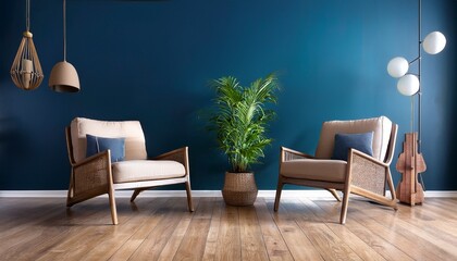 loft and vintage interior of living room wood armchairs with plant on wood flooring and blue wall 3d rendering