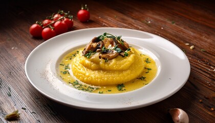famous food of italian concept richly topped polenta served on a white plate against a rustic wooden background