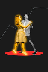 Banner zine 3d poster image photo collage of happy business partners girl guy dance together...