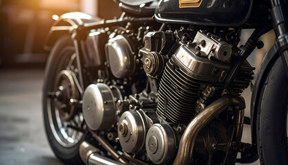 Fototapeta premium Closeup of a Black Motorcycle Engine in a Garage