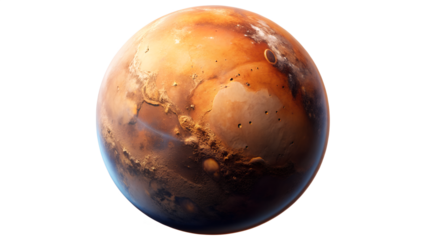 A detailed view of planet mars isolated on transparent background, showcasing its rusty surface and intriguing geological features