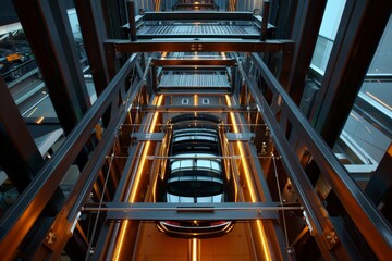 Automated car parking system lifting a modern vehicle in a contemporary parking garage