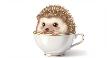 Fototapeta premium Adorable hedgehog snuggles happily inside a delicate teacup bathed in soft light. AI Generated