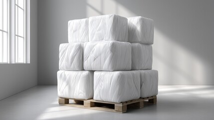 Stack of white bales on a wooden pallet in a bright warehouse setting