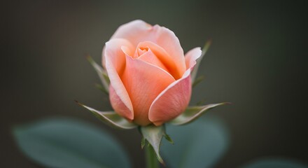 Peach rosebud gently unfolds under soft light. AI Generated