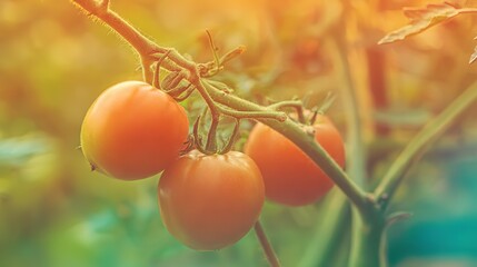 Close-up of three ripe tomatoes on vine, warm autumn tones against soft farm backdrop.