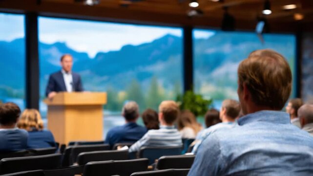 A seminar room with a blurred depth-of-field captures employees in staggered rows attentively listening to an instructor at the podium, highlighting an atmosphere of focused knowledge transfer.