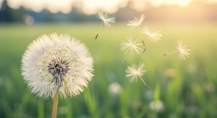 Golden sunlight illuminates fluffy dandelion seeds gently blowing on a breezy summer day. AI Generated