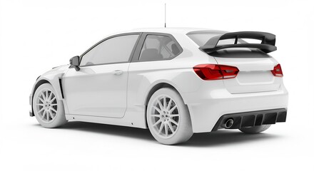 Sleek white rally car powerfully positioned against bright studio lighting. AI Generated