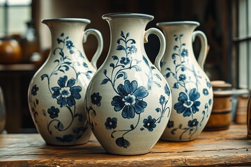 Glossy Gray Stoneware Bembels with Blue Floral Decor