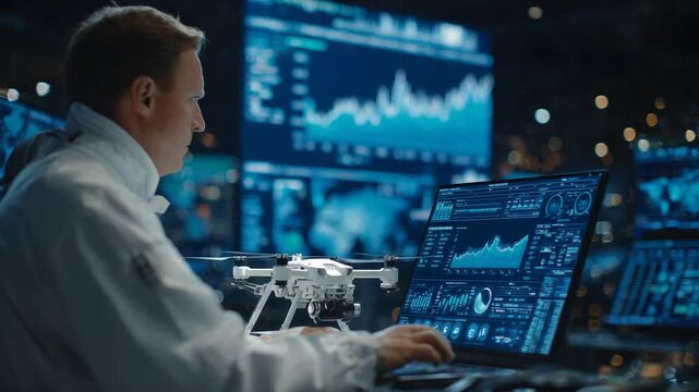 An aerospace engineer installs software on a tactical drone in a cutting-edge robotics lab, surrounded by holographic data visualizations.