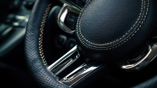Close-up view of a luxurious car steering wheel featuring black leather texture, chrome accents, and detailed stitching, showcasing high-quality craftsmanship and modern automotive design - Powered by Adobe