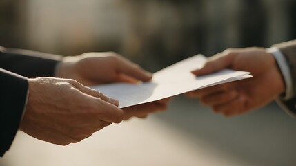 Close-up of hands exchanging paper document in sunlight outdoors
