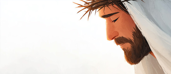 A serene illustration of Jesus in profile, wearing the crown of thorns. A modern, painterly portrait symbolizing humility, prayer, and sacrifice. Ideal banner for Easter and Lent.