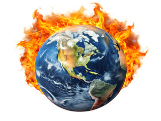 Planet Earth engulfed in vibrant orange and yellow flames against a dark backdrop isolated on a transparent background