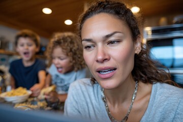 Obraz premium A candid scene of a woman trying to focus while managing her two energetic children at home, showcasing the challenges and joys of parenthood in daily life.