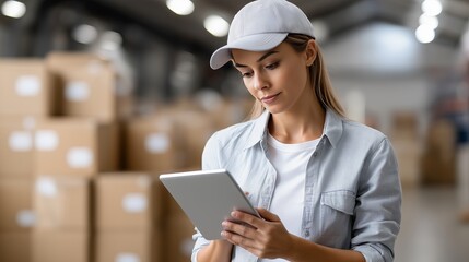 Warehouse worker checking inventory on tablet during daytime operations