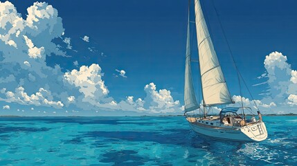 Lifestyle illustration Sailing yacht lifestyle captain navigating luxurious sailboat smoothly gliding across azure waters under sunny blue skies peacefully