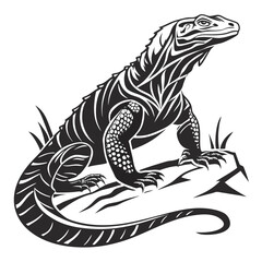 A lizard stands on a rock with grass