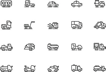 Line Art Icon Set of Various Vehicles on Transparent Background Design