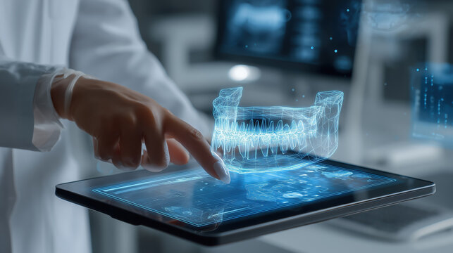 Medical professional in a lab coat interacts with a tablet displaying a holographic dental model, showcasing advanced technology in dentistry and digital health innovation