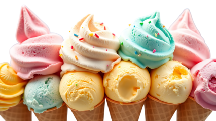 Set bundle of vibrant ice cream scoops with flavor cues transparent isolated background Blue pink ye