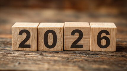 Wooden blocks displaying the year 2026 on a rustic wooden surface, symbolizing future planning, new beginnings, and the passage of time in a creative and artistic manner